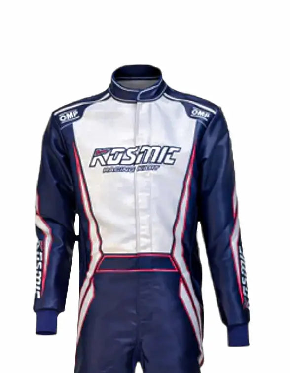 Navy and white racing suit with Kosmic branding on a white background