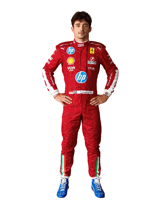 Front view of Charles Leclerc 2025 Monza special edition Ferrari HP race suit.