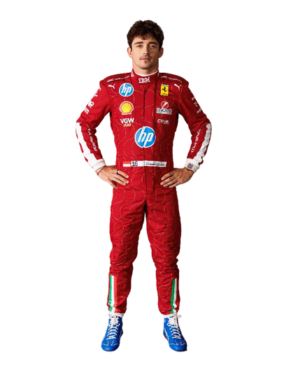 Front view of Charles Leclerc 2025 Monza special edition Ferrari HP race suit.