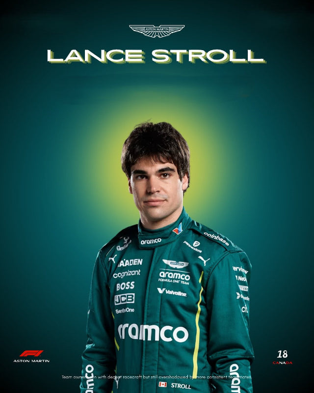 Front view of the Lance Stroll 2025 Aston Martin F1 race suit replica with full Aramco and BOSS branding.