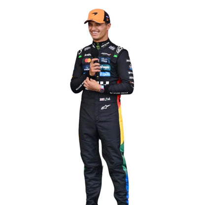 Front view of Lando Norris 2025 British GP special edition race suit with Union Jack accents.