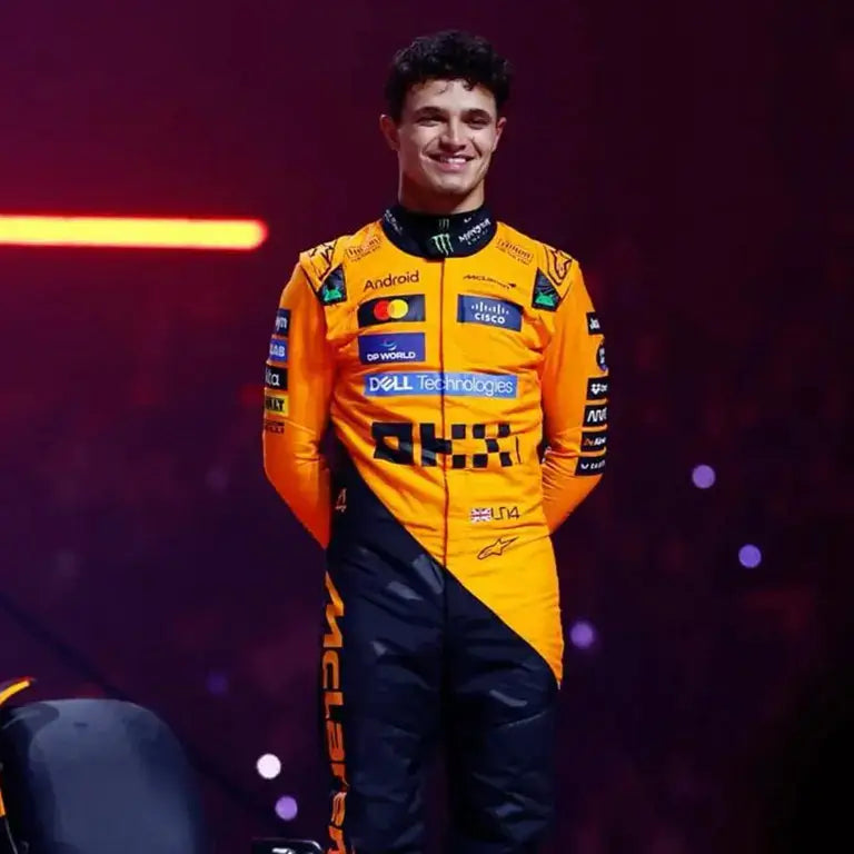 Front view of the 2025 Lando Norris McLaren F1 official replica suit, featuring the vibrant papaya orange and black color scheme with team and sponsor logos.