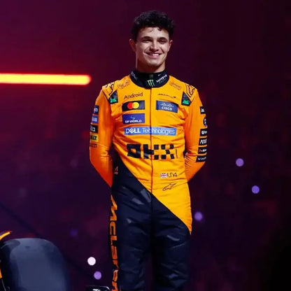 Front view of the 2025 Lando Norris McLaren F1 official replica suit, featuring the vibrant papaya orange and black color scheme with team and sponsor logos.