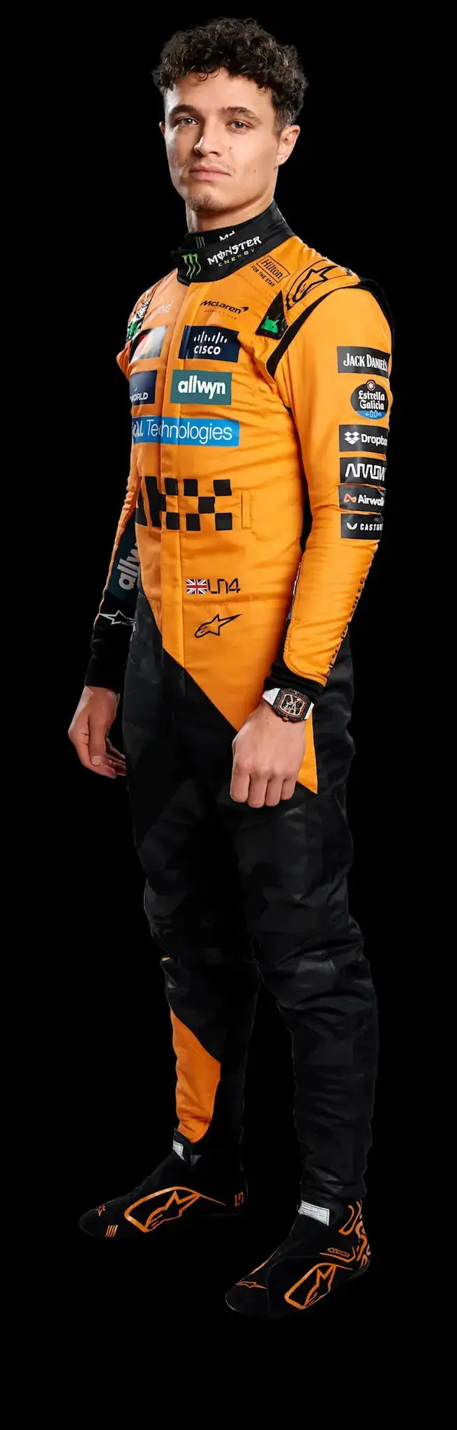 Full-body display of the official 2025 Lando Norris McLaren F1 replica racing suit on a mannequin, highlighting the aerodynamic design and authentic teamwear finish