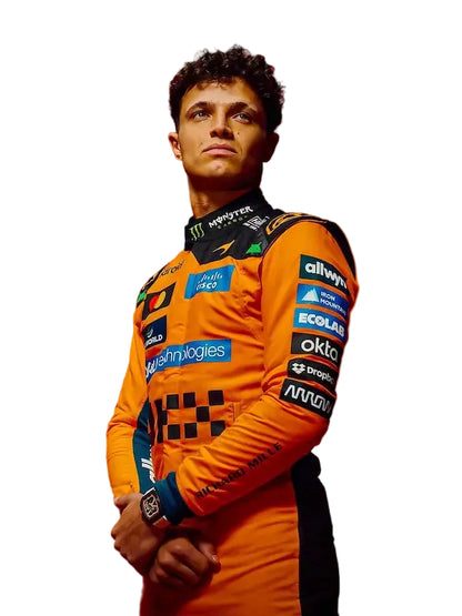 Front view of Lando Norris McLaren 2026 replica race suit with full sponsor branding.
