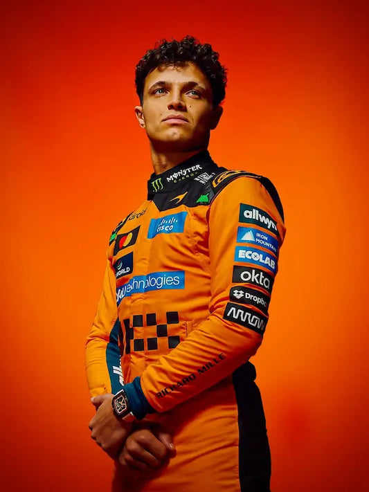 Front view of Lando Norris McLaren 2026 replica race suit with full sponsor branding.