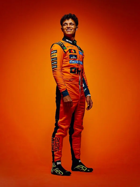 Lando Norris replica race suit presented on a mannequin, showcasing full design