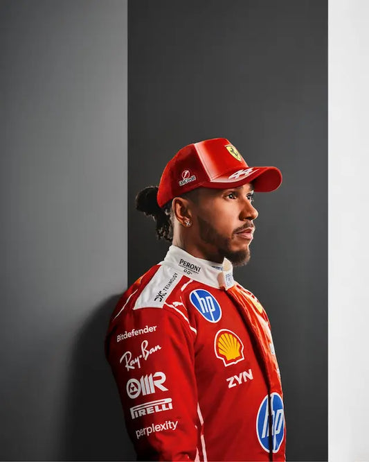 Front view of Lewis Hamilton 2026 Scuderia Ferrari replica race suit with full sponsor branding.