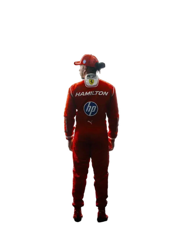 Back view showing Hamilton name, iconic number 44, and Ferrari team logos for the 2026 season.