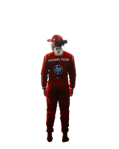 Back view showing Hamilton name, iconic number 44, and Ferrari team logos for the 2026 season.