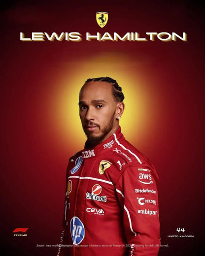 Front view of Lewis Hamilton Ferrari 2025 replica race suit with Scuderia Ferrari logo and full sponsor branding.