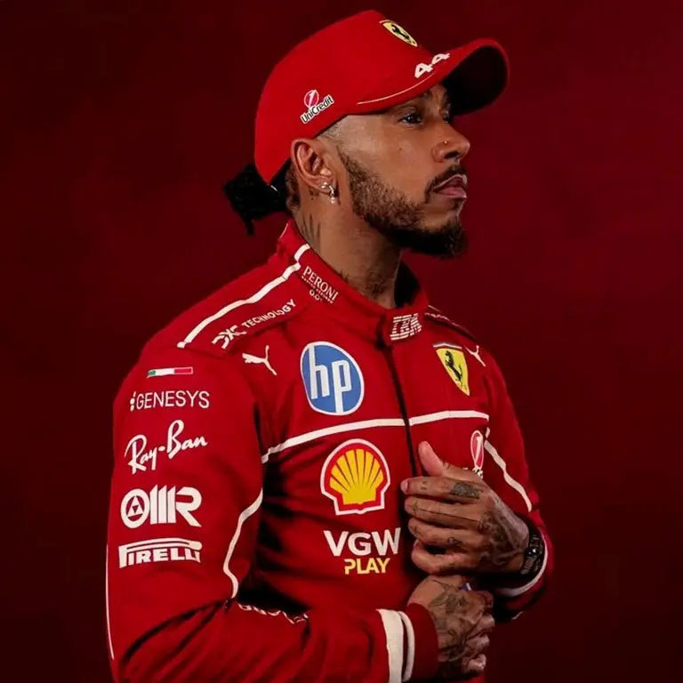 Front view of the 2025 Lewis Hamilton Ferrari F1 replica racing suit, featuring Scuderia Ferrari and sponsor logos in signature red and black design