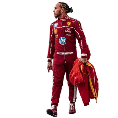 Lewis Hamilton wearing a tailored suit, standing confidently