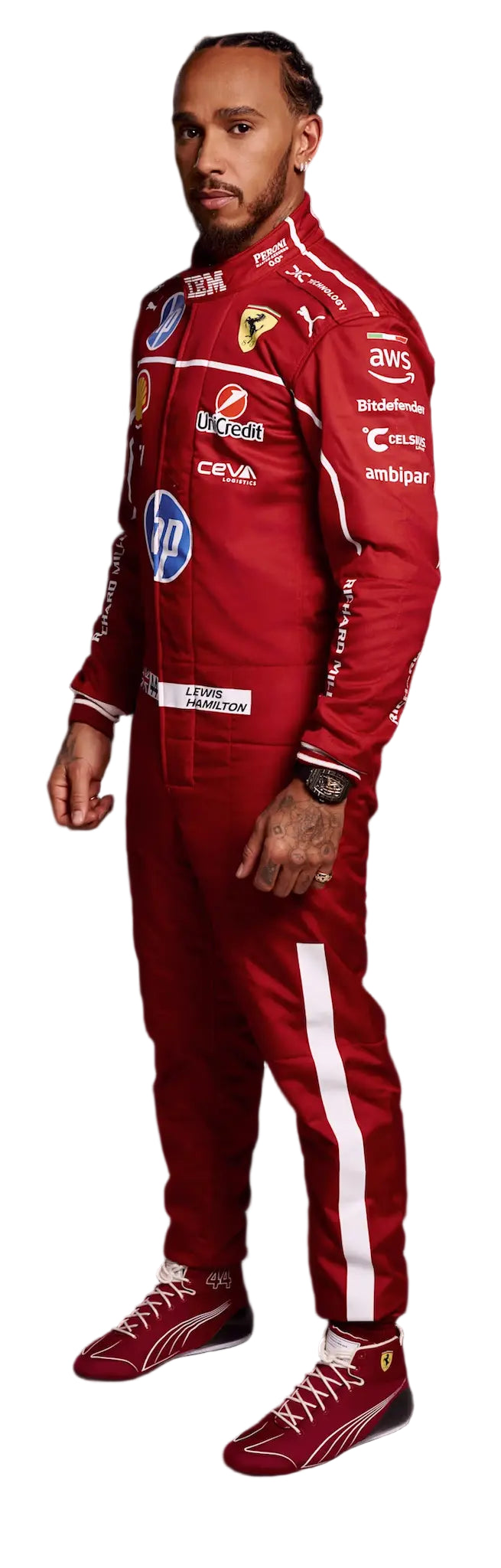 Lewis Hamilton walking outdoors in a stylish designer suit, accessorized with sunglasses and jewelry