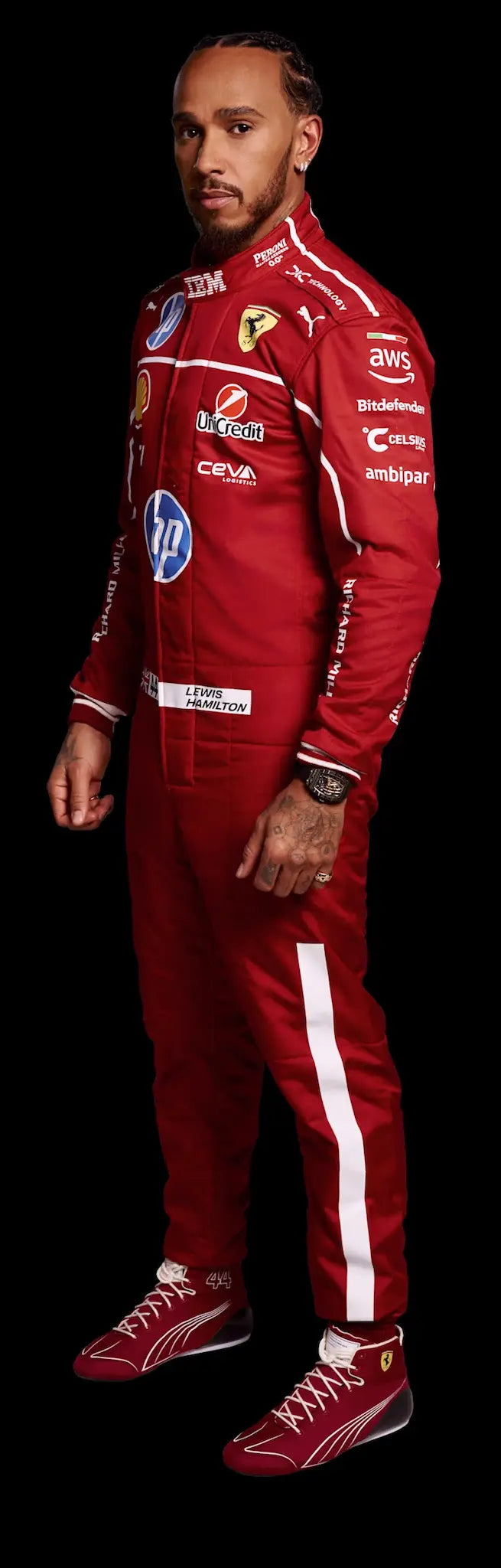 Full-body mannequin wearing the Lewis Hamilton 2025 Ferrari F1 replica suit, highlighting authentic race-day detailing and premium fabric texture