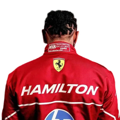 Back view showing Hamilton name, number 44, and iconic Ferrari logo.