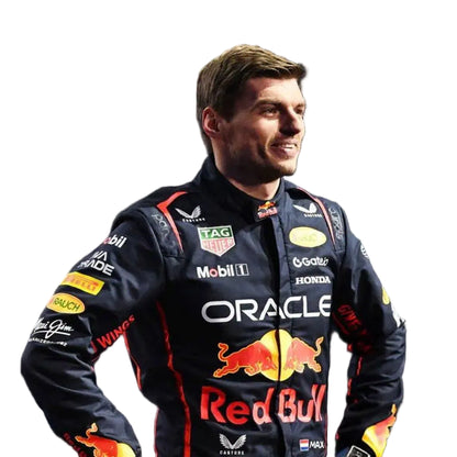 Max Verstappen wearing his 2025 Red Bull Racing Formula 1 suit, featuring bold sponsor logos and '3x World Champion' detailing on the chest