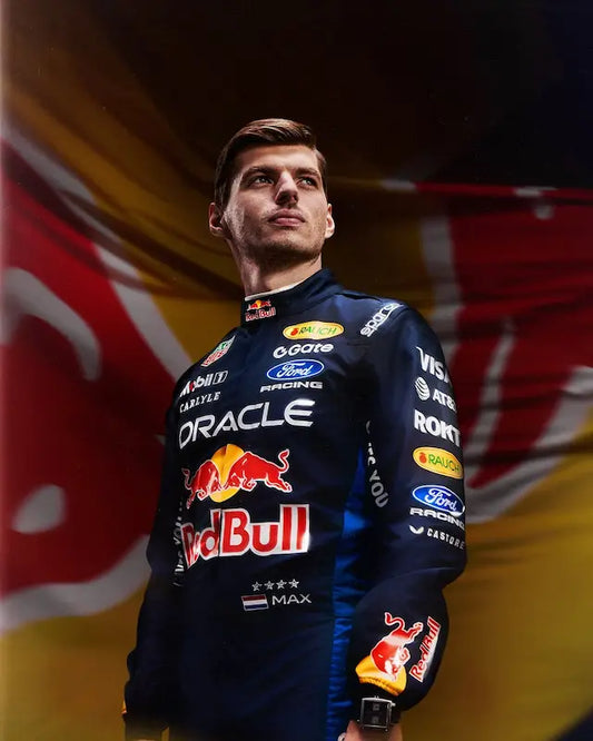 Front view of Max Verstappen 2026 Red Bull Racing replica suit with full sponsor branding.