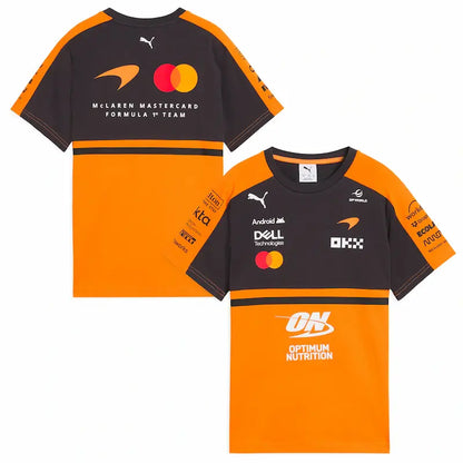 T-shirt from the set being worn, demonstrating the vibrant papaya color.