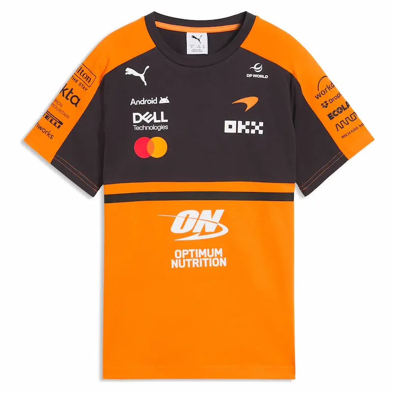Front view of the two papaya McLaren 2026 team t-shirts from the set.
