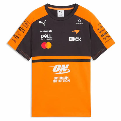 Front view of the two papaya McLaren 2026 team t-shirts from the set.
