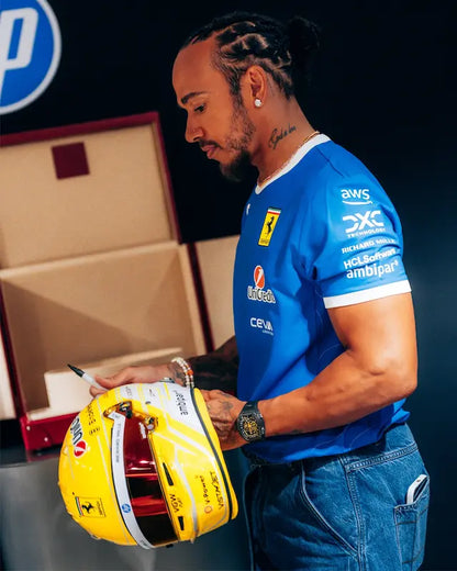 Side view displaying the polyester fabric drape and fit.