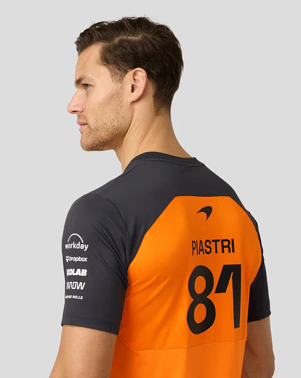 Person wearing a black and orange sports jersey with 'PIASTRI' and number '81' on a gray background