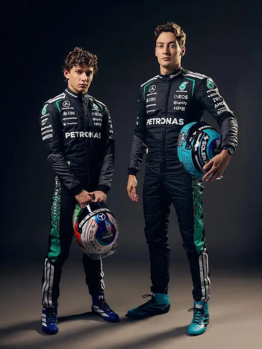 Front view of Mercedes AMG 2026 replica race suit with George Russell/Kimi Antonelli driver details.