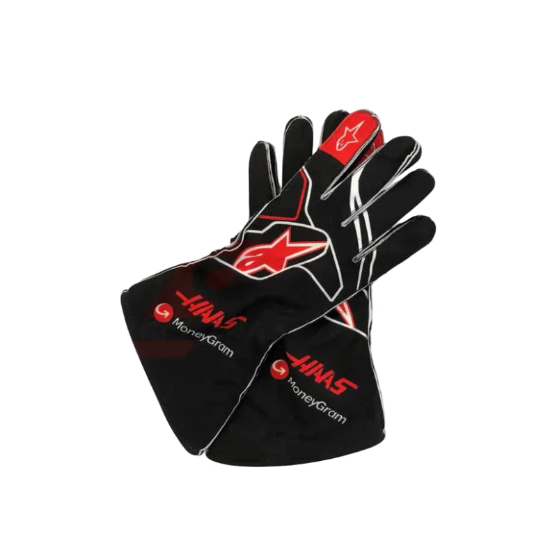 Pair of Haas replica gloves displayed with team livery background