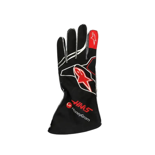 Front view of MoneyGram Haas F1 Team replica gloves showing full finger grip and team logos.