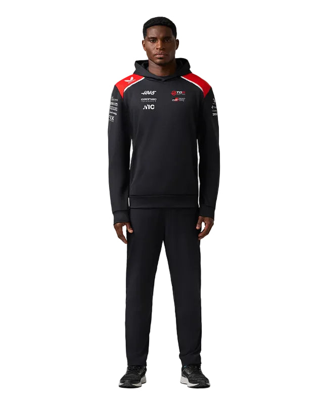 Black Haas F1 Team hoodie replica for 2026 season with front logo, long sleeves, and kangaroo pocket