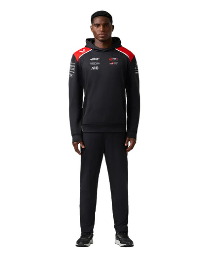 Black Haas F1 Team hoodie replica for 2026 season with front logo, long sleeves, and kangaroo pocket