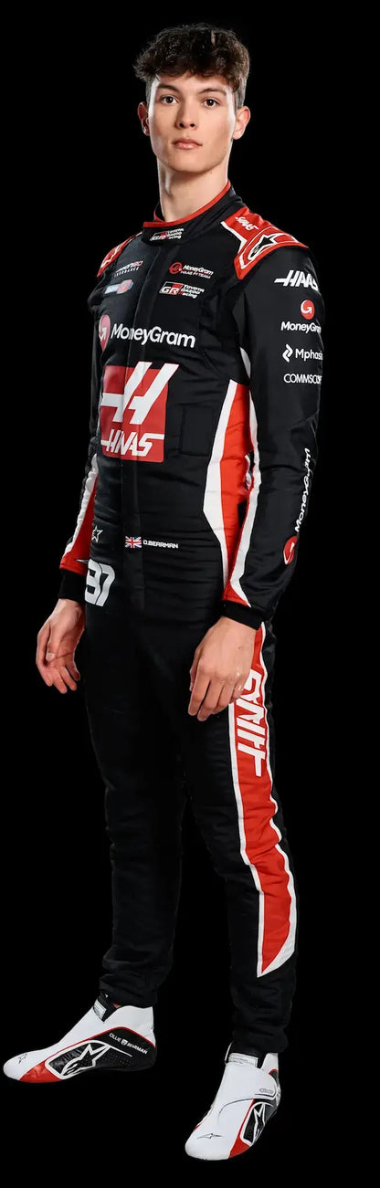 Front view of Oliver Bearman in his 2025 Haas Formula 1 uniform, showcasing driver #50