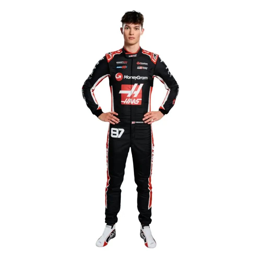 British F1 driver Oliver Bearman wearing the official 2025 Haas team suit with #50 branding