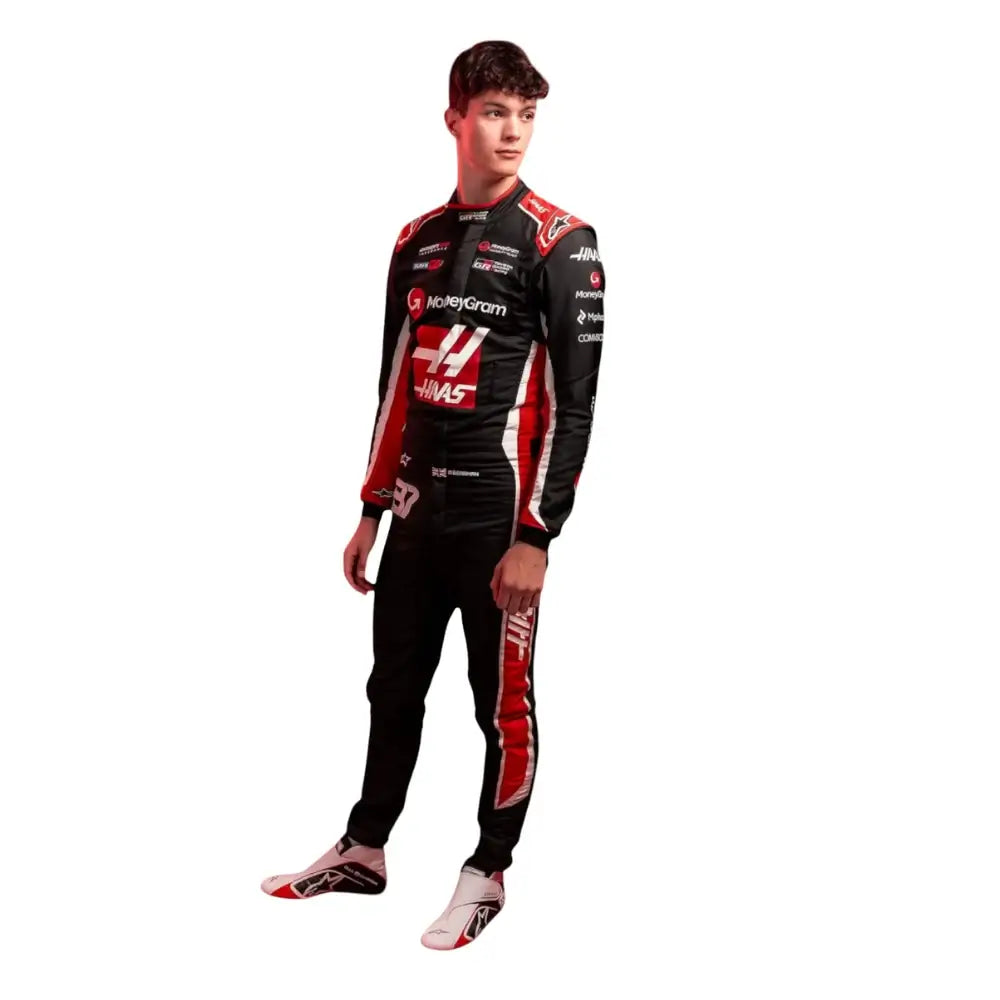 2025 Haas F1 suit modeled by Oliver Bearman, featuring British flag accents and number 50