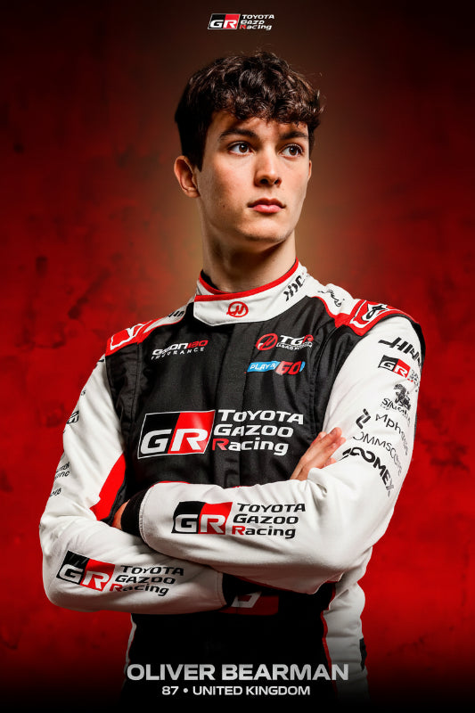 ront view of Oliver Bearman TGR Haas F1 2026 replica suit with team sponsor graphics.