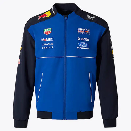 Front view of Red Bull Racing 2026 bomber jacket with full zip and chest graphics.