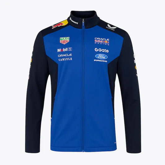 Front view of Red Bull Racing 2026 softshell jacket with zipper and chest sponsor logos.