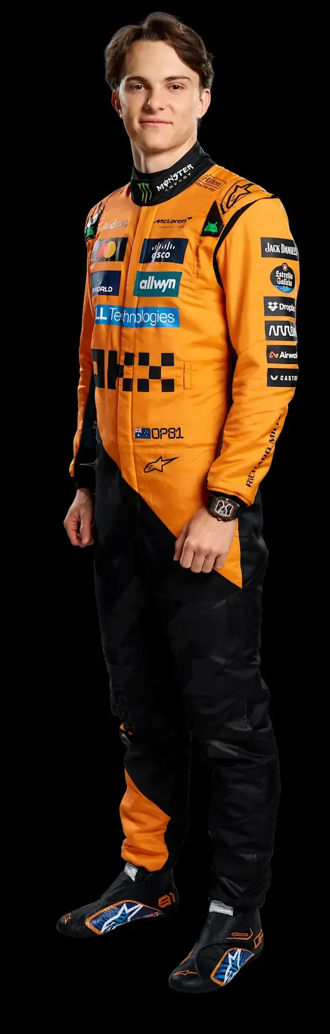 Close-up of Oscar Piastri's 2025 McLaren suit, highlighting the #81 detail and bold papaya orange design