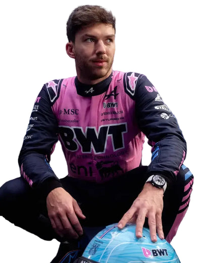 Front view of Pierre Gasly BWT Alpine 2026 replica suit with full team branding.