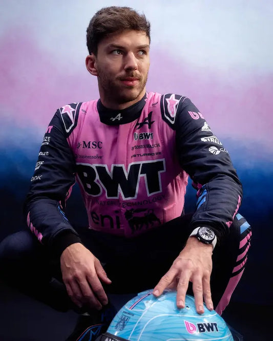 Front view of Pierre Gasly BWT Alpine 2026 replica suit with full team branding.