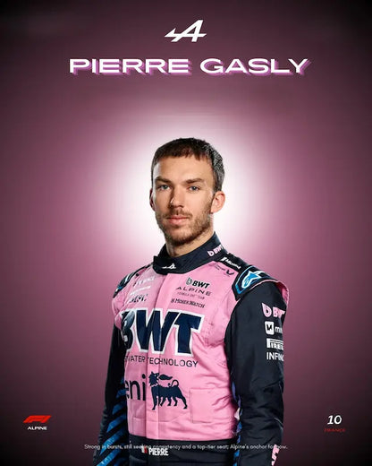 Front view of Pierre Gasly BWT Alpine F1 Team 2025 replica race suit with full sponsor branding.