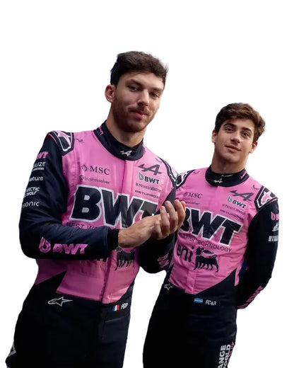 Two individuals wearing pink and black racing suits with BWT branding against a gradient background.