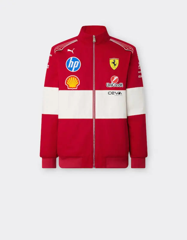 Puma Scuderia Ferrari HP 2025 Team Jacket in red, showing full front design with Puma, Ferrari, and HP logos