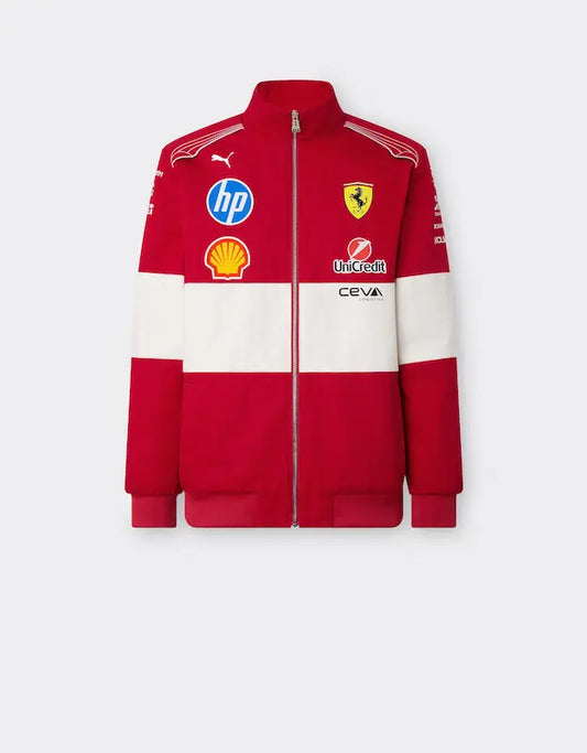 Puma Scuderia Ferrari HP 2025 Team Jacket in red, showing full front design with Puma, Ferrari, and HP logos