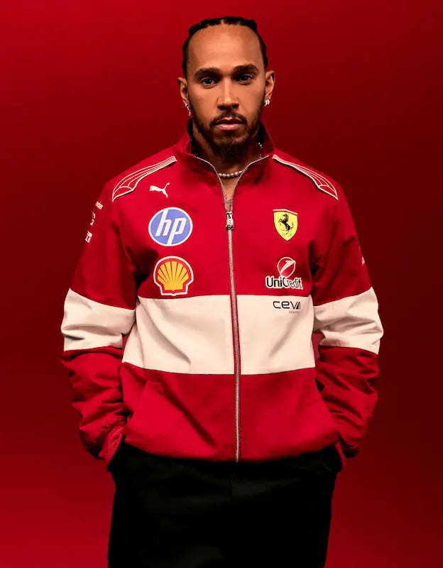 Close-up detail of the Scuderia Ferrari HP 2025 Team Jacket, showcasing the sublimated Puma and UniCredit logos on the sleeve