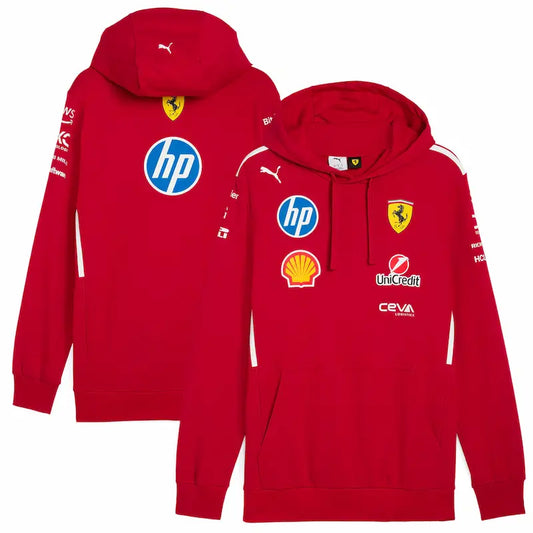 Red hoodie with various logos on a white background