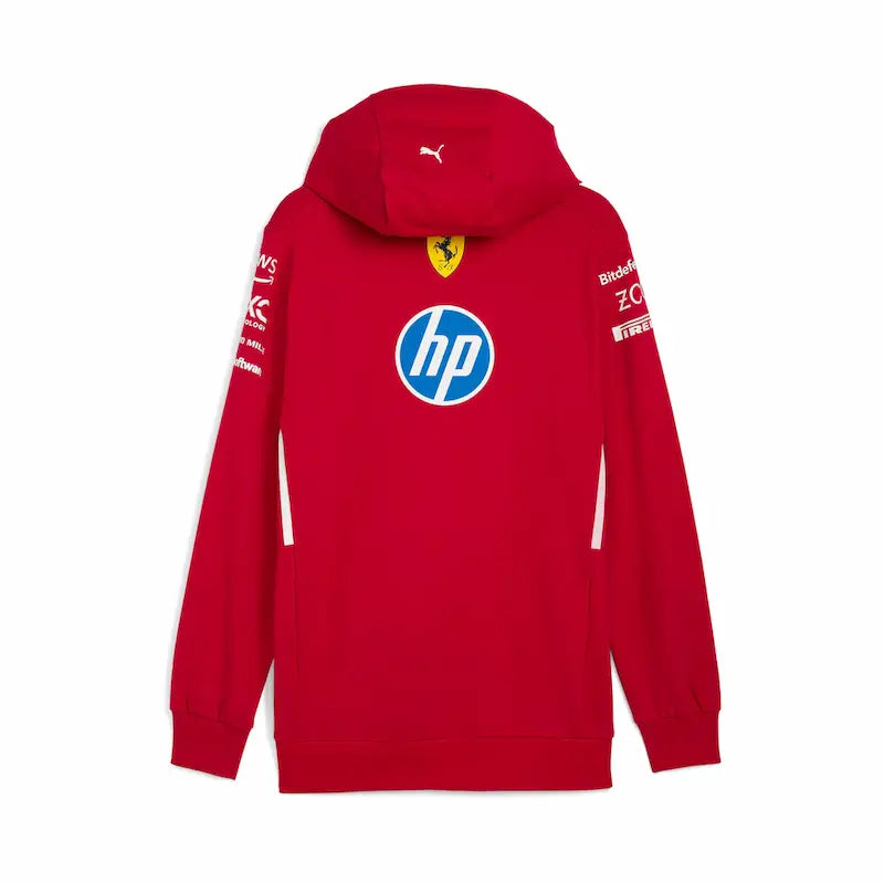Red hoodie with logos on a white background