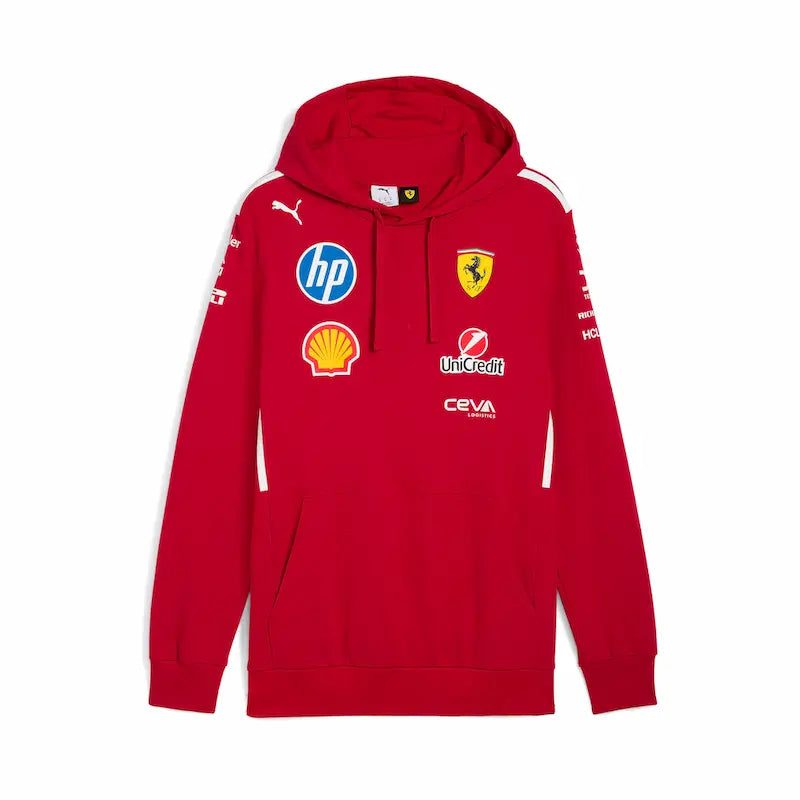Red hoodie with various logos on a white background