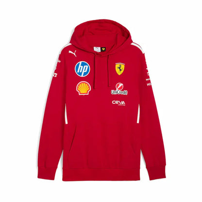 Red hoodie with various logos on a white background